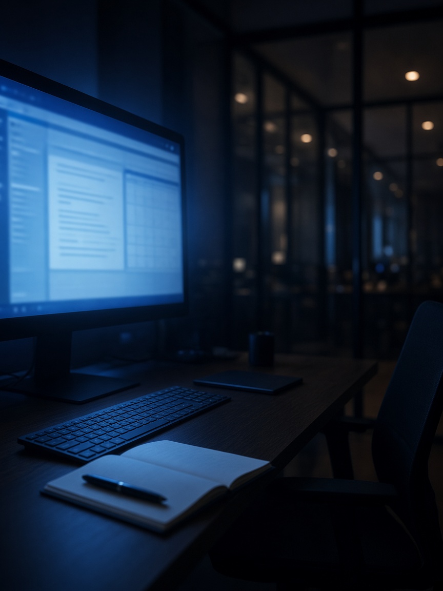 A dark office desk at night, lit by a monitor showing a workplace dashboard