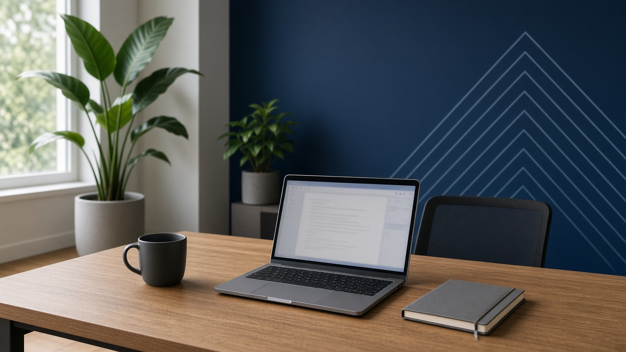 A bright office desk with an open laptop, notebook and plants, no one at the desk